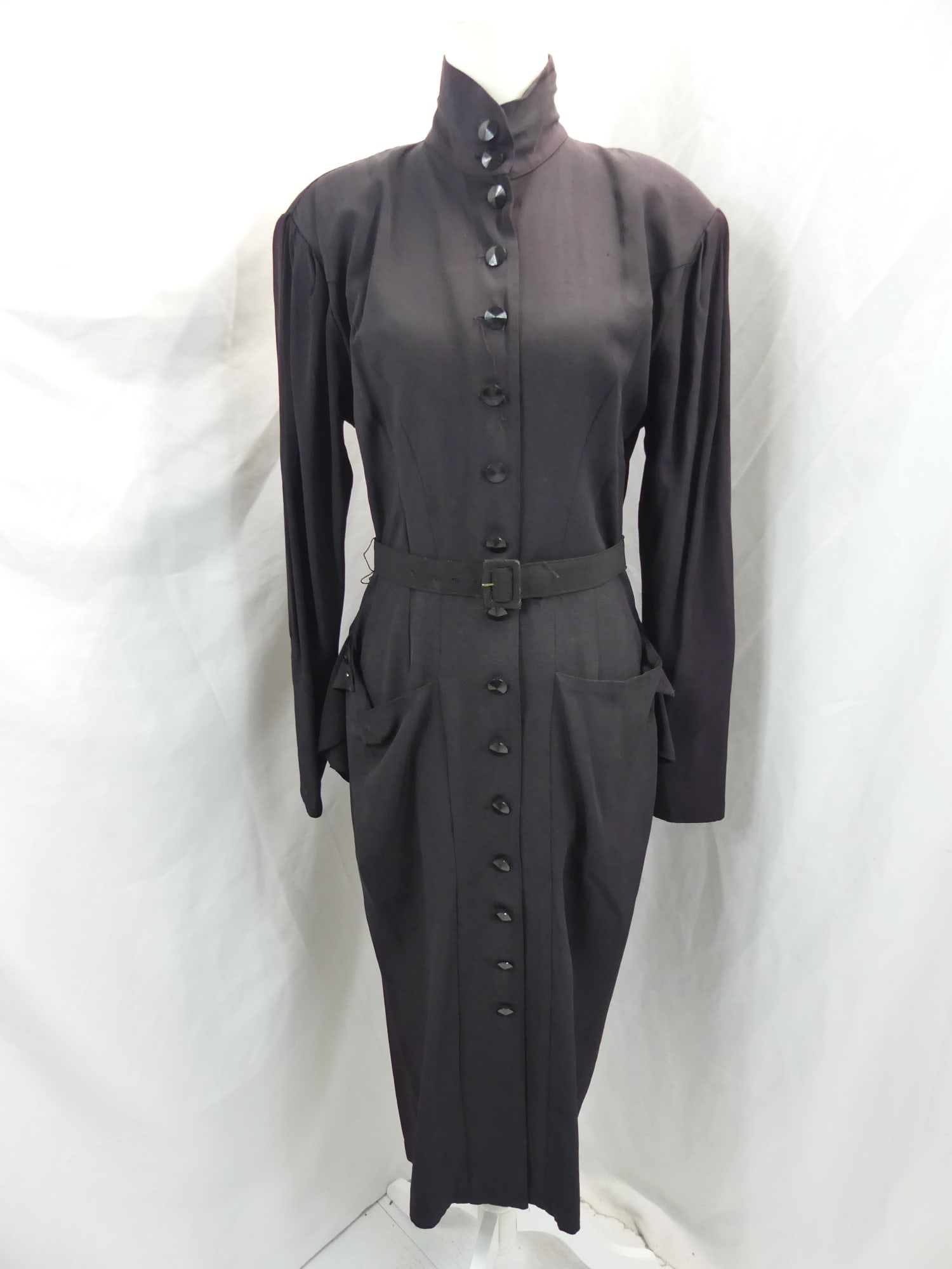 Vintage 1940's St. Remo Black Rayon Shirt Dress with Peplum Back: approx. 36 bust, 30 waist. Has fading on collar & shoulders, need seam repair on back slit, see photo's
