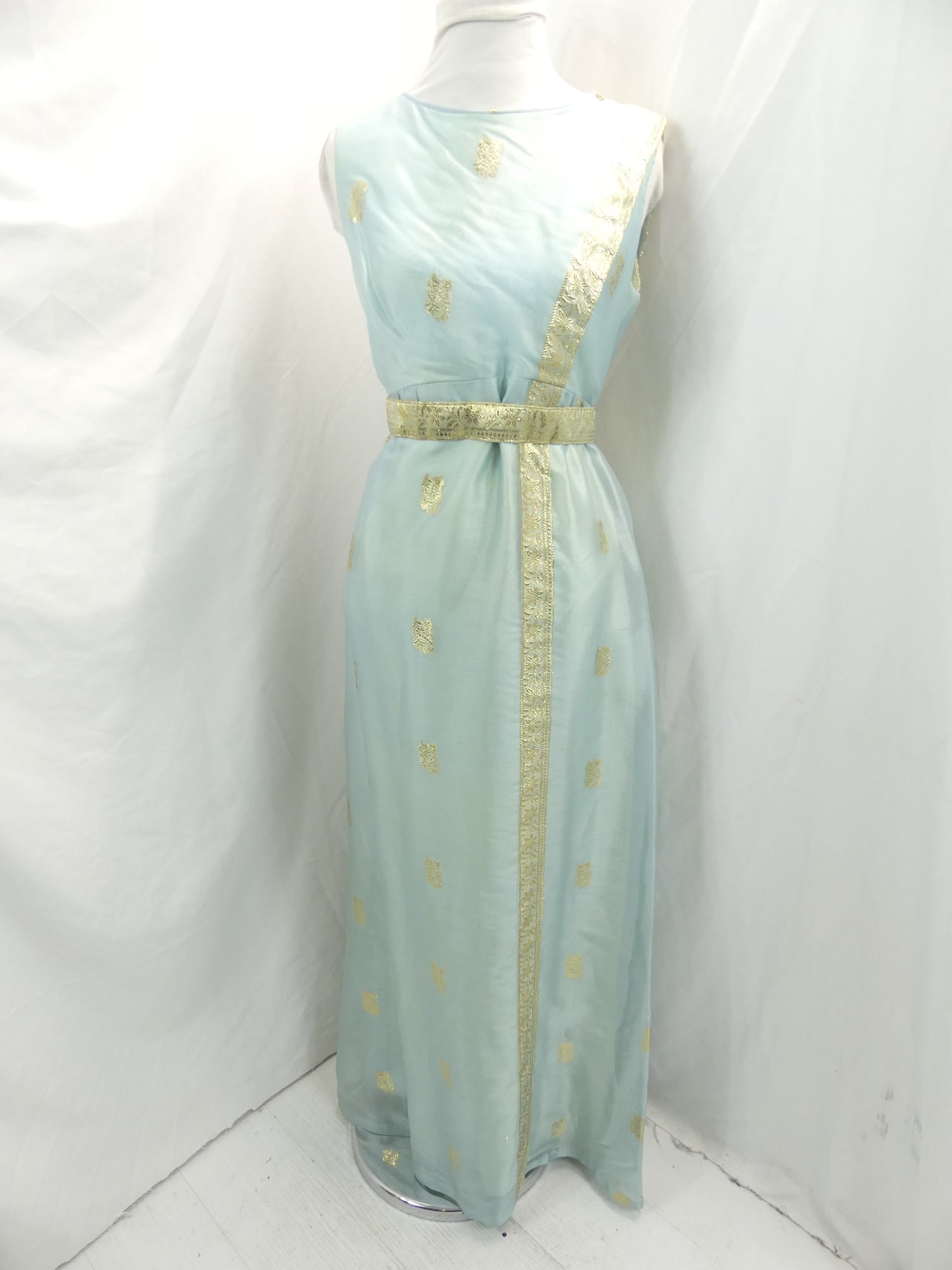 Vintage 1960's Light Blue Silk Gown with Gold Metallic Decoration with Matching Belt: approx. 34 bust, 30 waist. Has some stains & some silk fray, see photo's