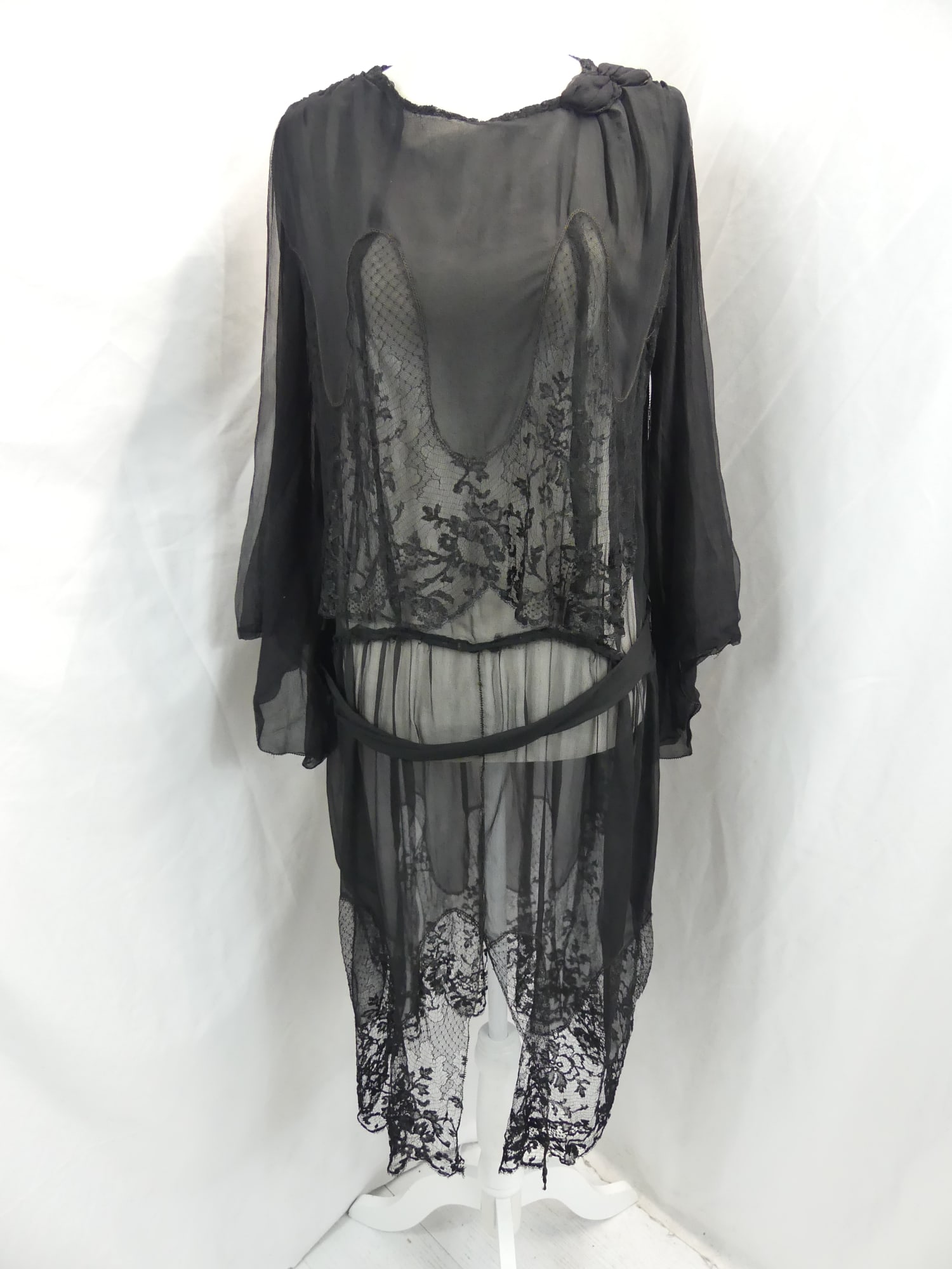 Vintage 1920's Sheer Black Silk & Lace Butterfly Wing Dress: approx. 40 bust & waist. Underarm fading, sleeves may have been added, waist has old repair & a few tiny holes, see photo's