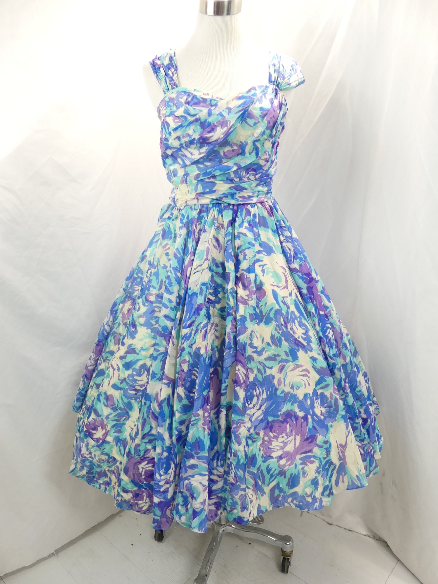Vintage 1950's Purple, Blue & Turquoise Ruched Party Dress: approx. 35 bust, 30 waist. Has some fraying under arms, some old patches, other fray & old repairs, see photo's
