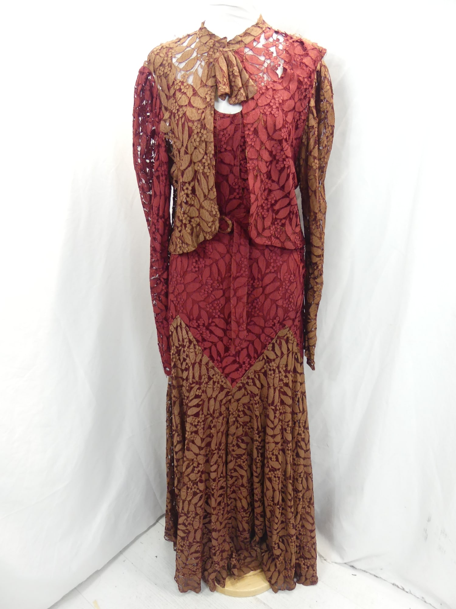Vintage 1930's Maroon & Brown Color block Lace Mermaid Gown with Jacket & Belt: approx. 32 bust, 26 waist. Has holes in dress & jacket, see photo's
