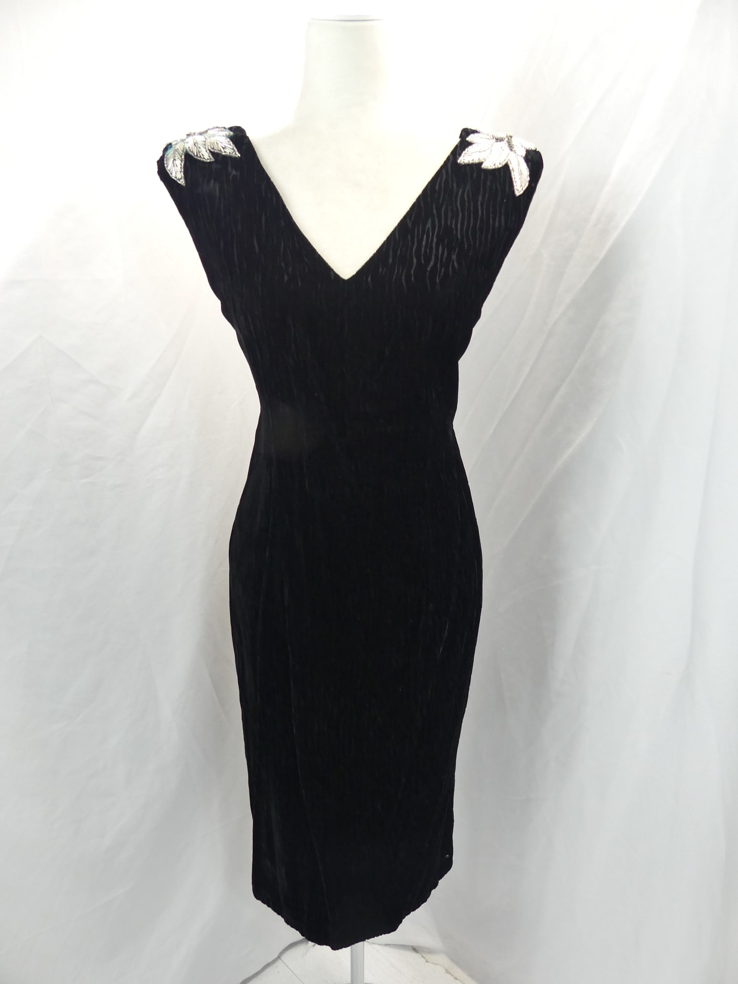 Vintage 1980-90's Eco Fashion Creations Black Velvet High-Low Dress with Sequin & Beading: approx. 34 bust, 32 waist. Old Store Stock with original tag, see photo's
