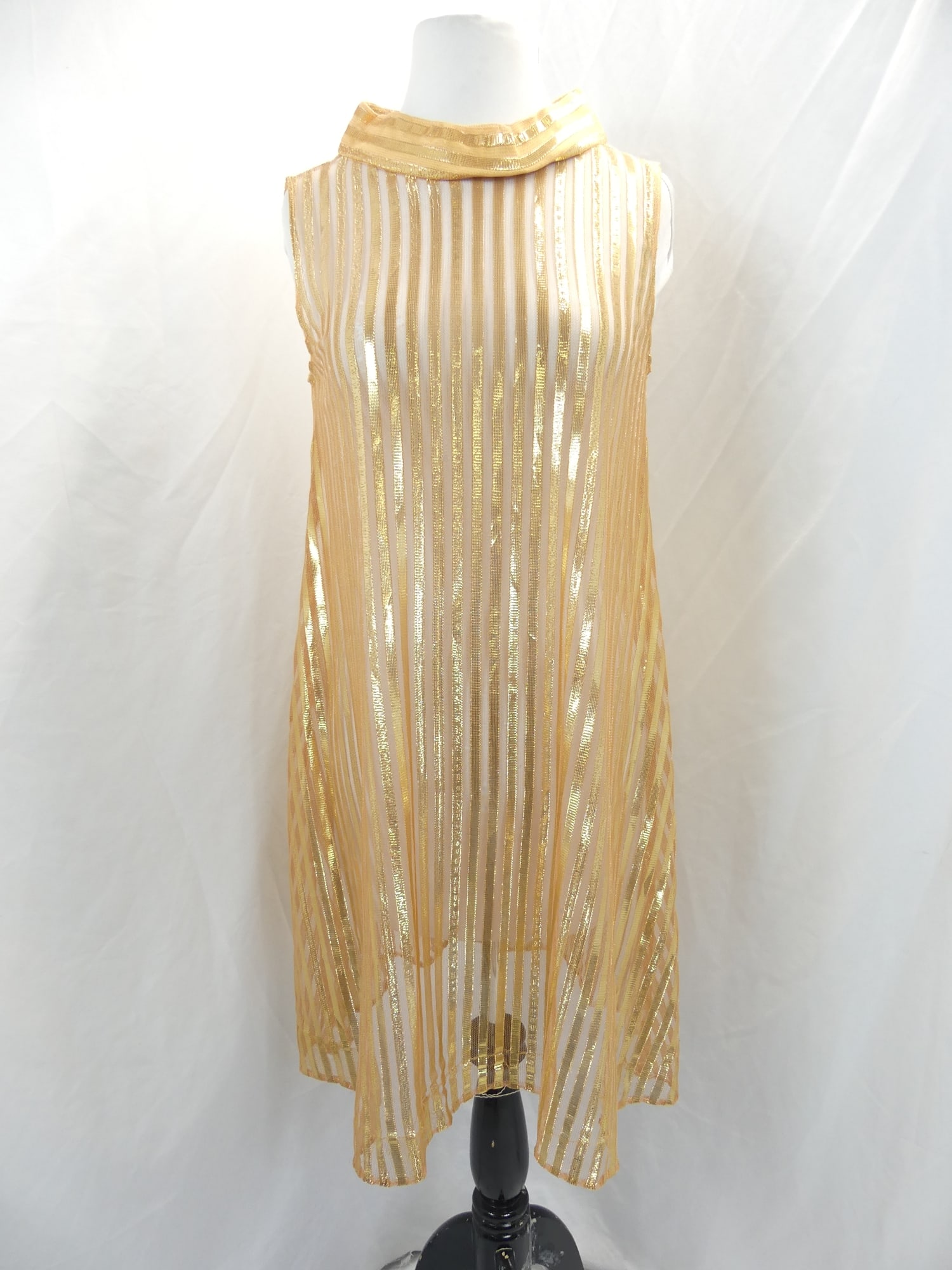 Vintage 1960's Gold Metallic & Copper Colored Striped Go Go Dress: approx. up to 38 bust, up to 46 waist. Has several holes, see photo's