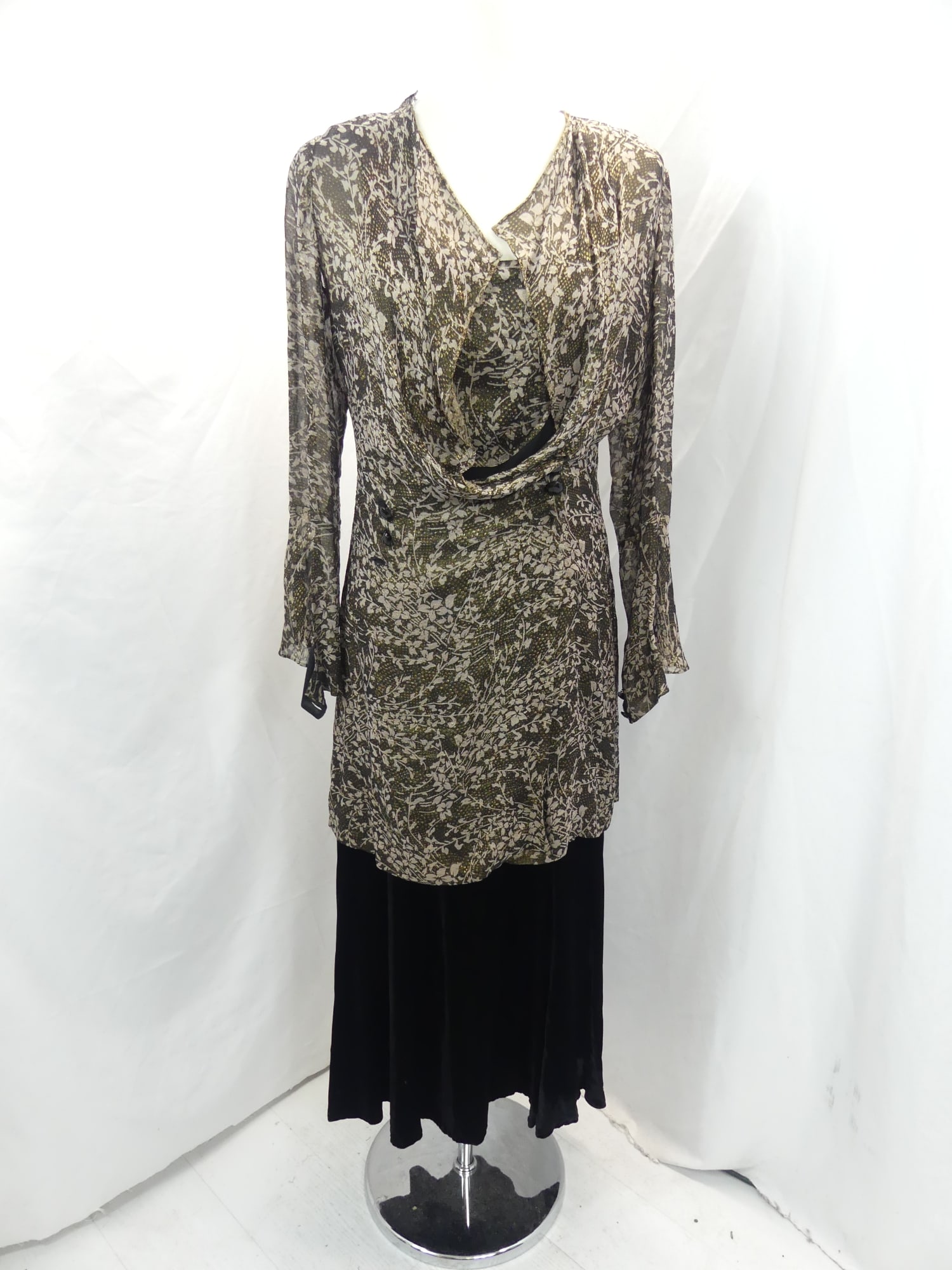 Vintage 1920-30's Theodore Black Silk & Velvet Dress with Black & Gold Metallic Jacket: approx. 32 bust, 34 waist. Jacket needs seam repair at shoulder & under arm needs seam repair. Under arm has some fade, see photo's