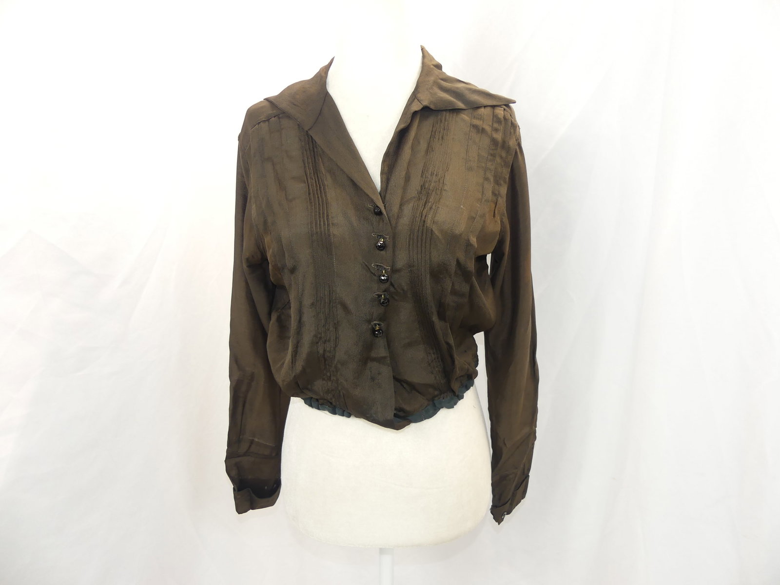 Early 1900's Dark Brown Silk Blouse with Black Jet Buttons: approx. 38 bust, 24-34 waist. Underarm discoloration & some other discolored spots, see photo's
