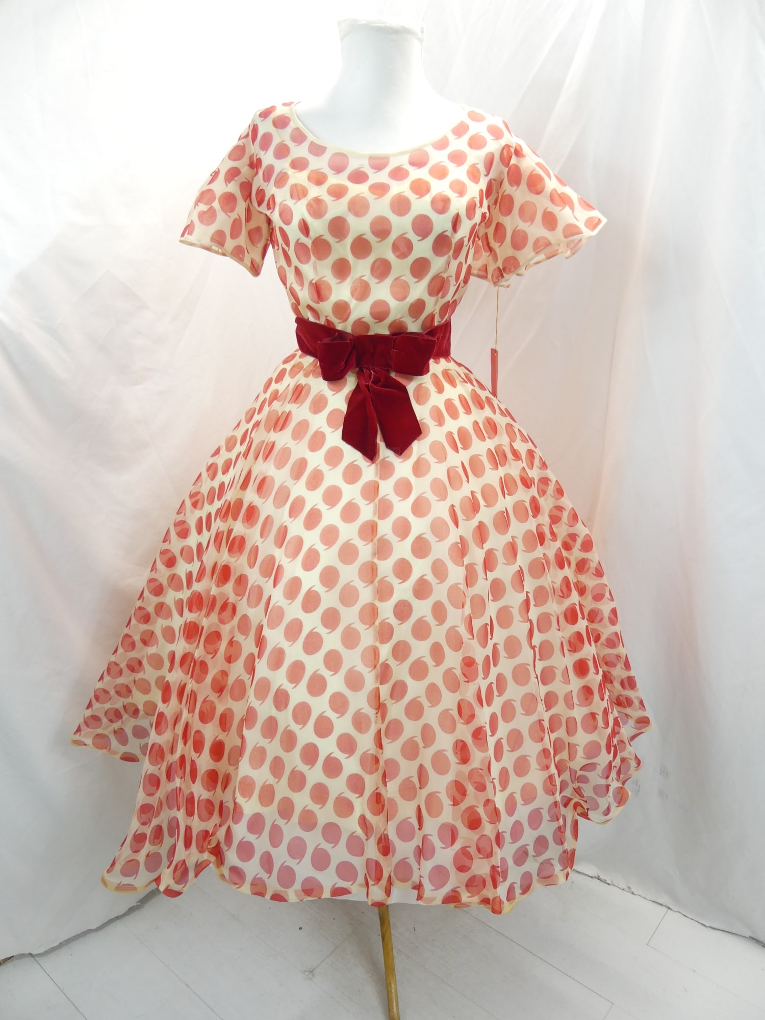 Vintage 1950's Ira Retner Red & White Chiffon Circle Dress Old Store Stock with Original Tag: approx. 34 bust, 24 waist. Silk fray on shoulder otherwise in good condition, see photo's