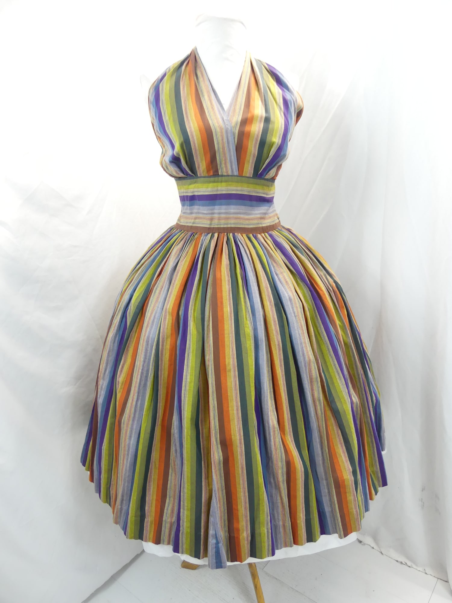 Vintage 1950's Parade Cotton Striped Halter Dress: approx. 36 bust, 28 waist. Has been taken in at bust & underarm as well as the hem has been taken up. Good condition, see photo's