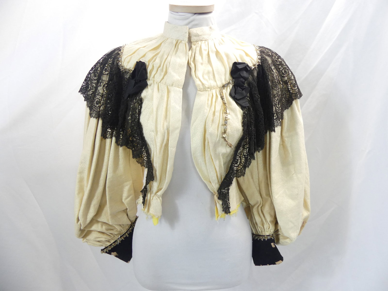 Late 1800's Style White Silk Damask Bodice with Black Lace, Silk Trim, Beading & Sequin Bodice: approx. 28 bust, 20 waist. Lining has been replaced, damaged on cuffs, see photo's