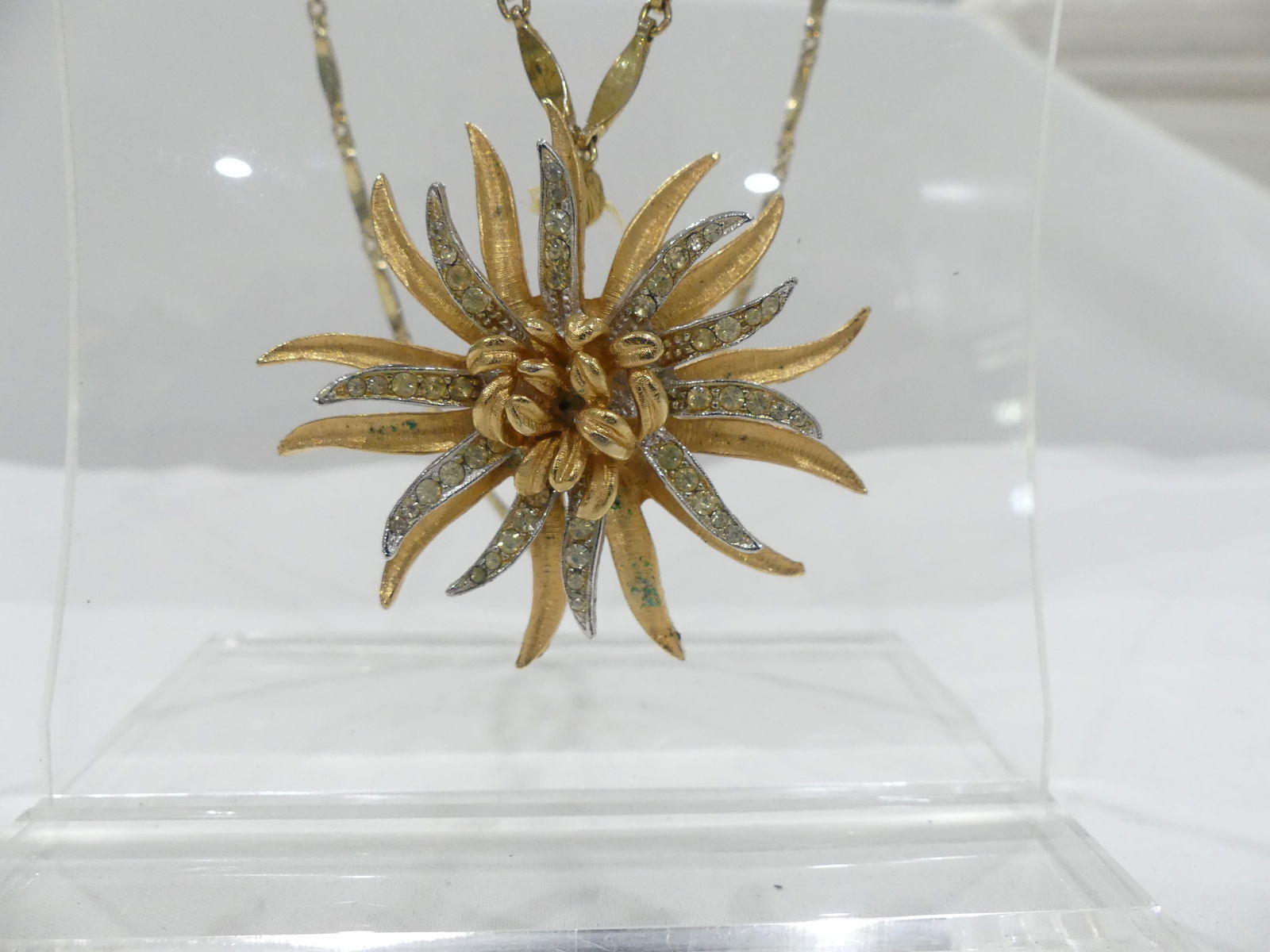 Vintage Coro Gold & Silver Tone Flower Pendant with Rhinestones: approx. 2 1/2 inch pendant, see photo's