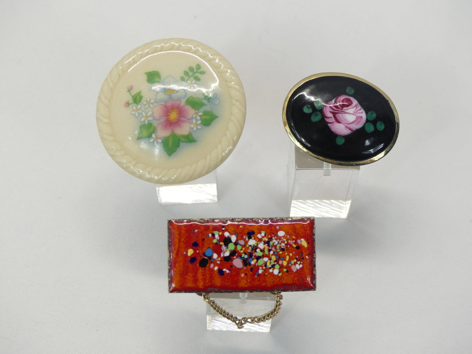 Lot of 3 Vintage Hand Painted Brooches Porcelain Avon, & Other: see photo's