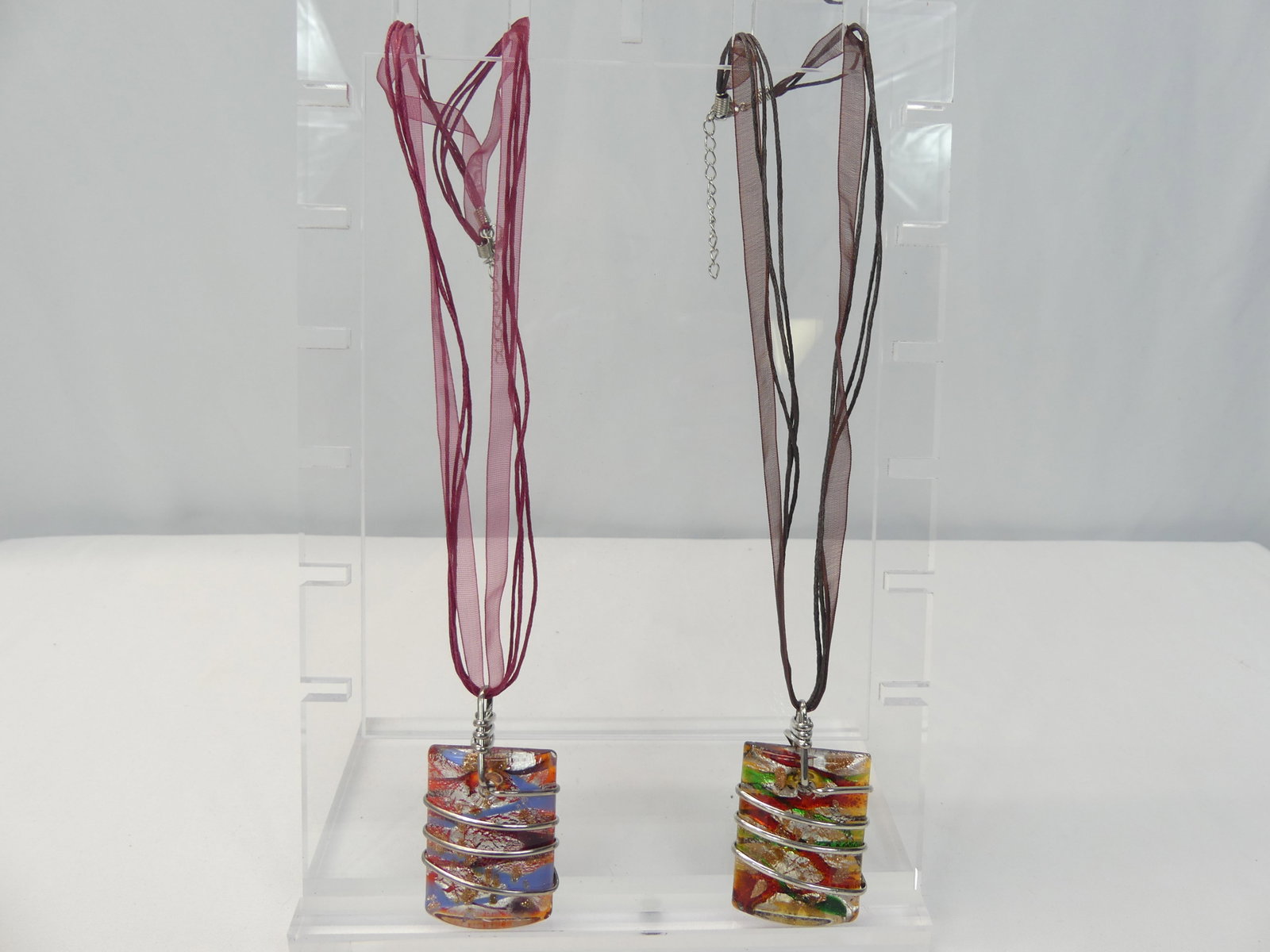 Lot of 2 Vintage Art Glass Necklaces with Wrapped Stones: approx. 2 1/2 inches including pendant top, see photo's