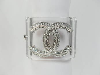 Great Signed Chanel Double "C" Lucite & Rhinestone Bracelet, Made in France