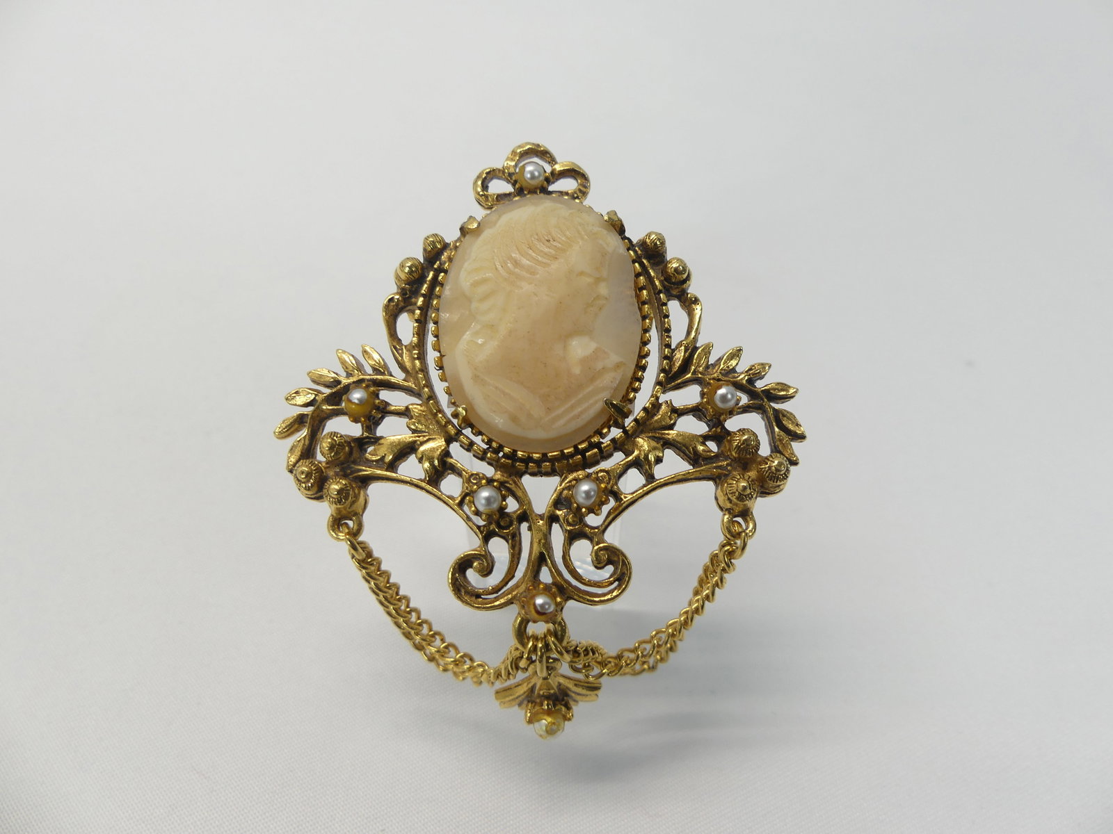 Vintage Hand Carved Florenza Cameo Brooch with Tassel: approx. 2 1/2 inches, see photo's