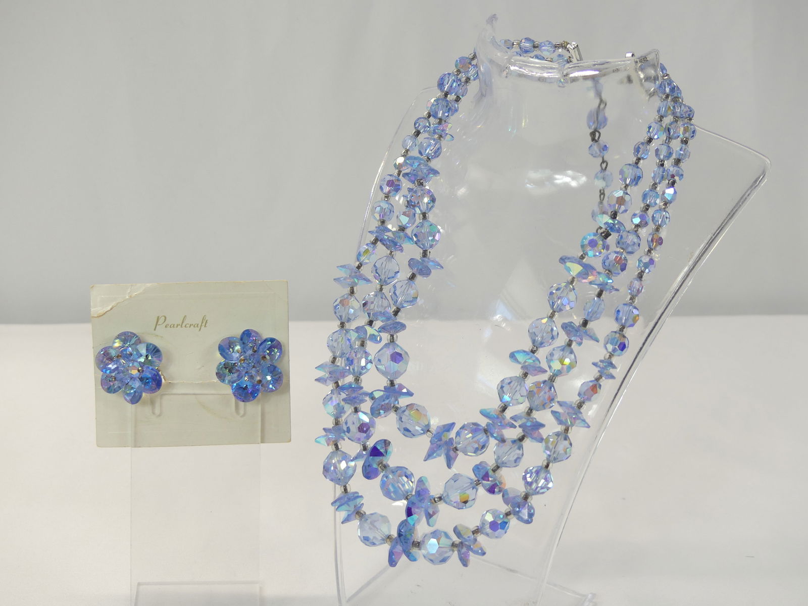 Vintage Blue Iridescent 3 Stand Necklace & Pearl Craft Earrings (1 of 7)