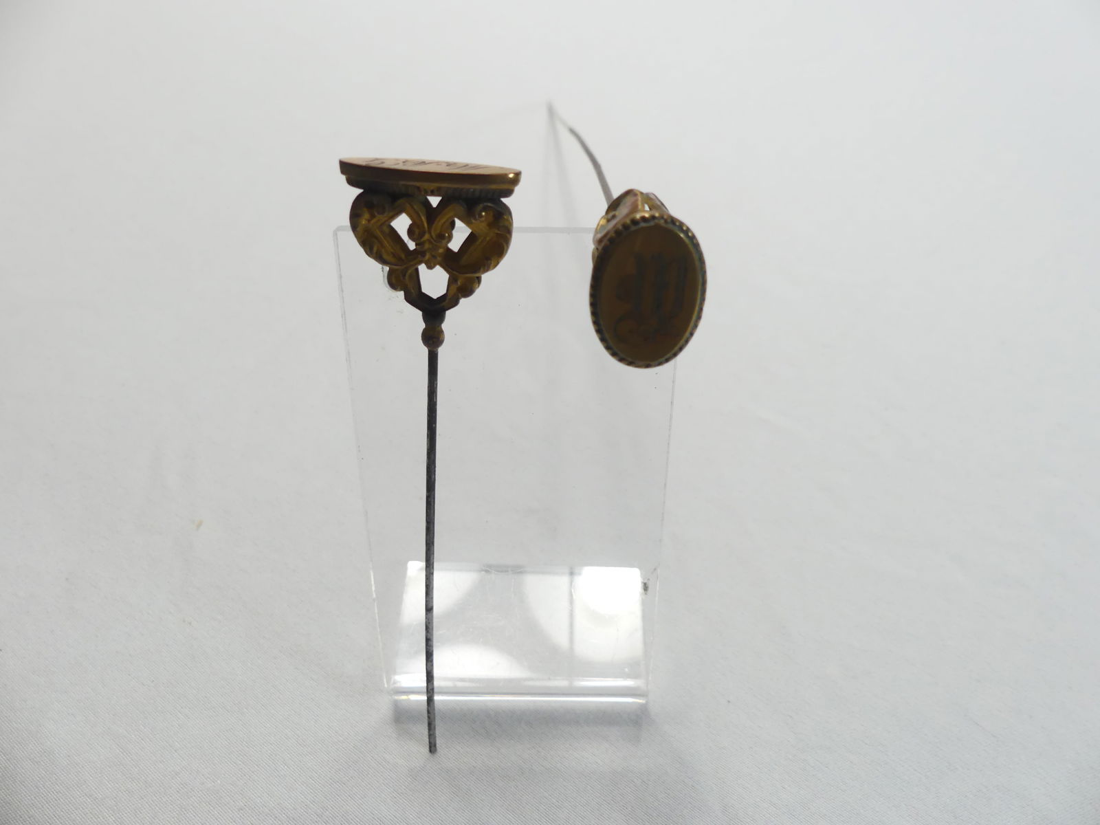 Lot of 2 Antique Hat Pins Gold Tone with Monogram (1 of 9)