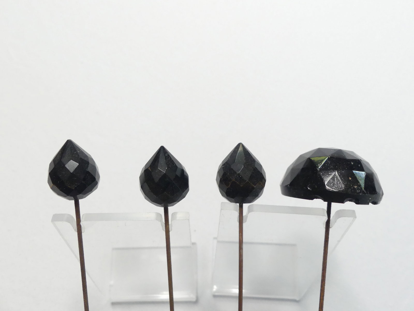 Lot of 4 Antique Black Jet Cut Glass Hat Pins: larger one has some bottom edge chips, see photo's