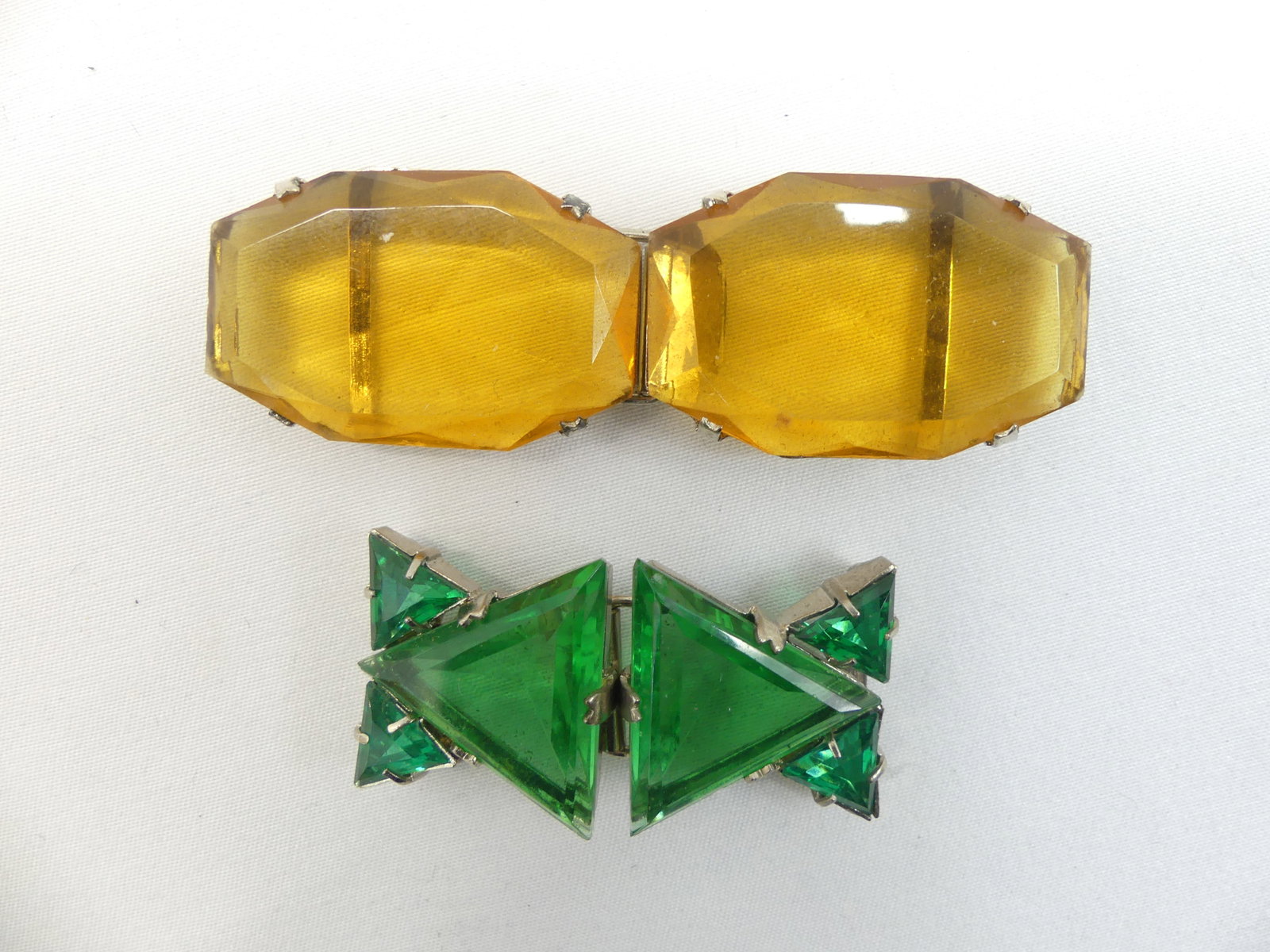 Lot of 2 Pair Czechoslovakia Crystal/Glass Belt Dress Buckles, Green & Gold: see photo's