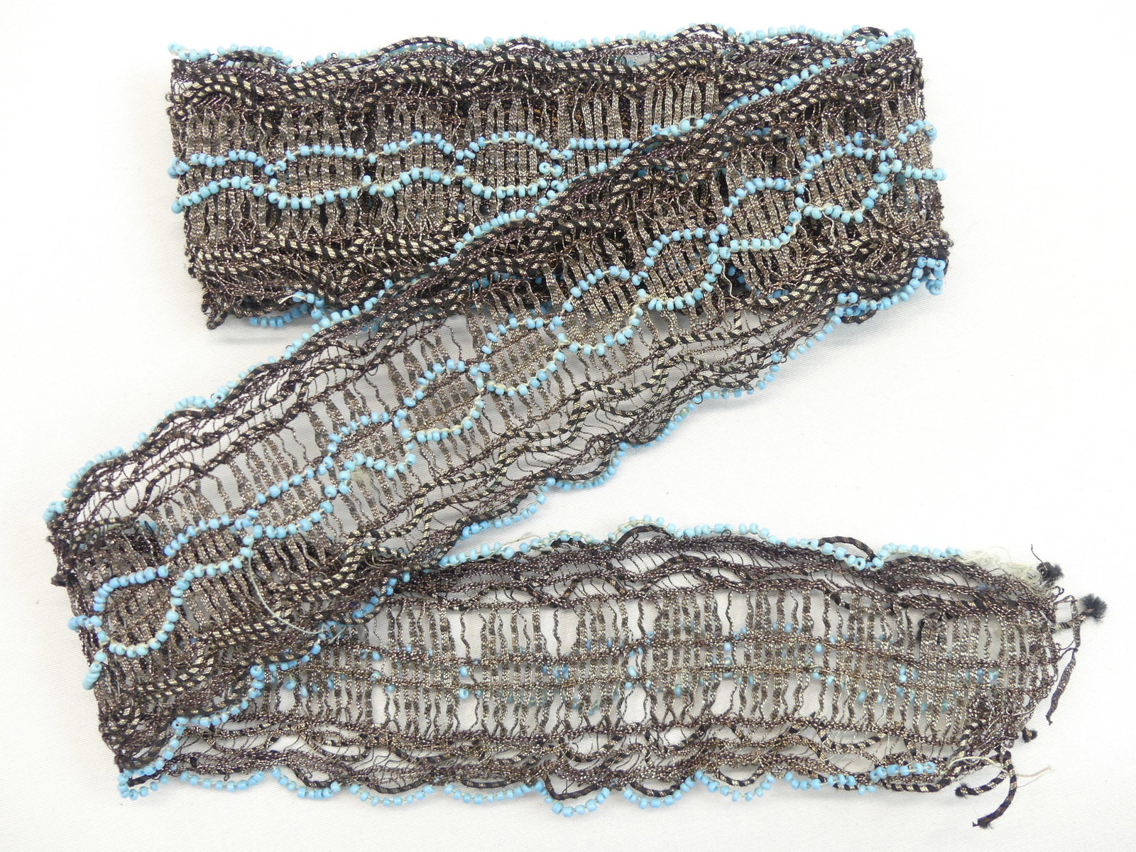 Antique Metallic Ribbon with Blue Beading: approx. 32 inches, see photo's