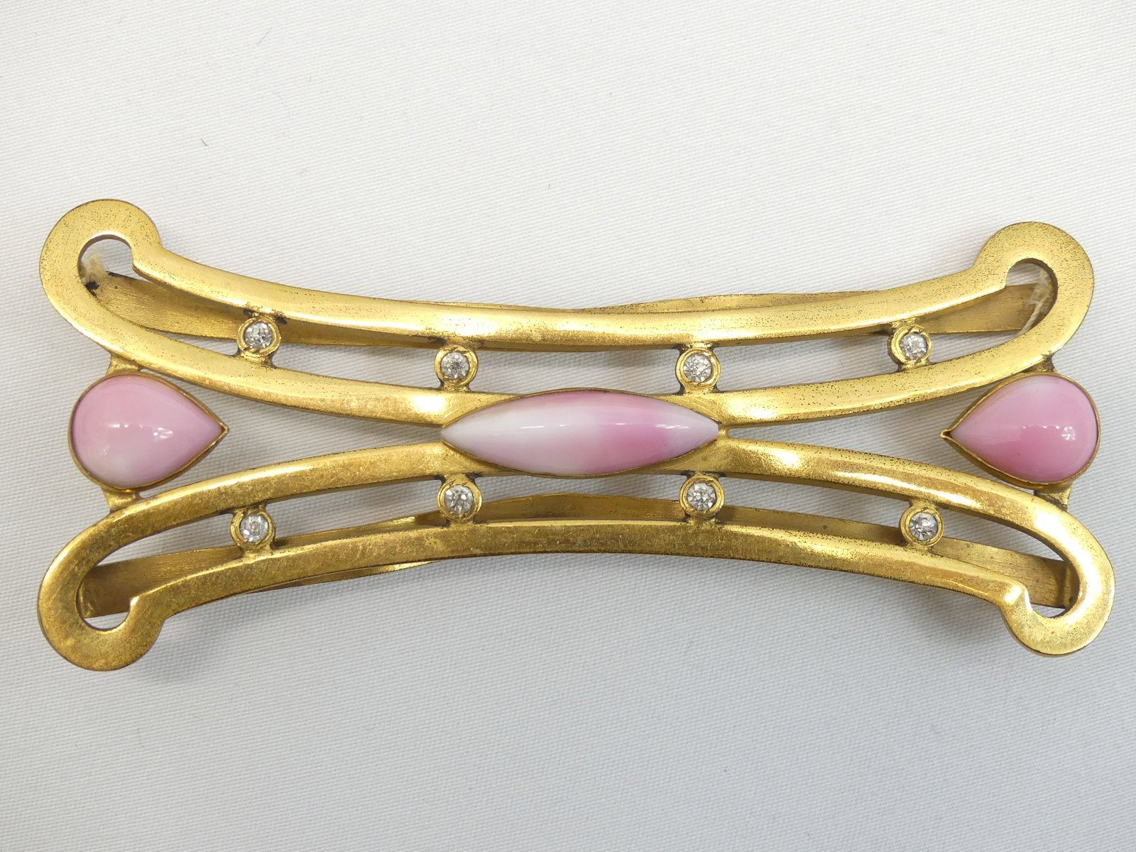 Antique Gold Tone Metal Dress Buckle With Large Pink Milk Glass Beads: approx. 3 3/4 inches, see photo's