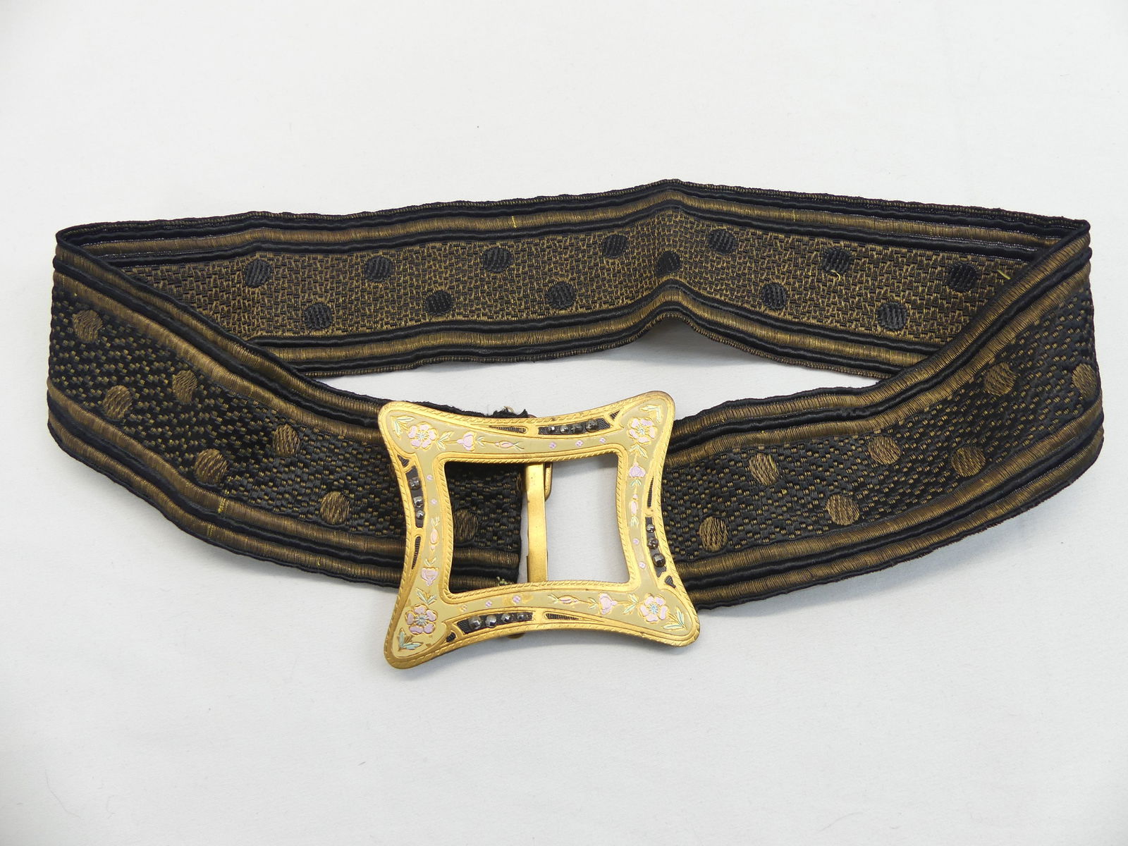 Stunning Antique Gold Tone & Hand Painted Enamel Dress Buckle with Metallic Thread Belt (1 of 5)