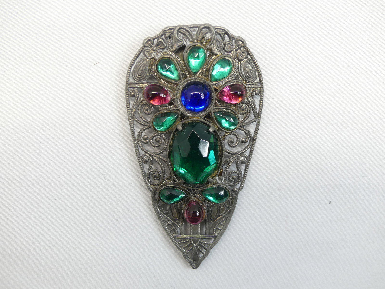 Antique Silver Tone Fret Work Dress Clip with Pink, Green & Blue Glass Stones (1 of 2)