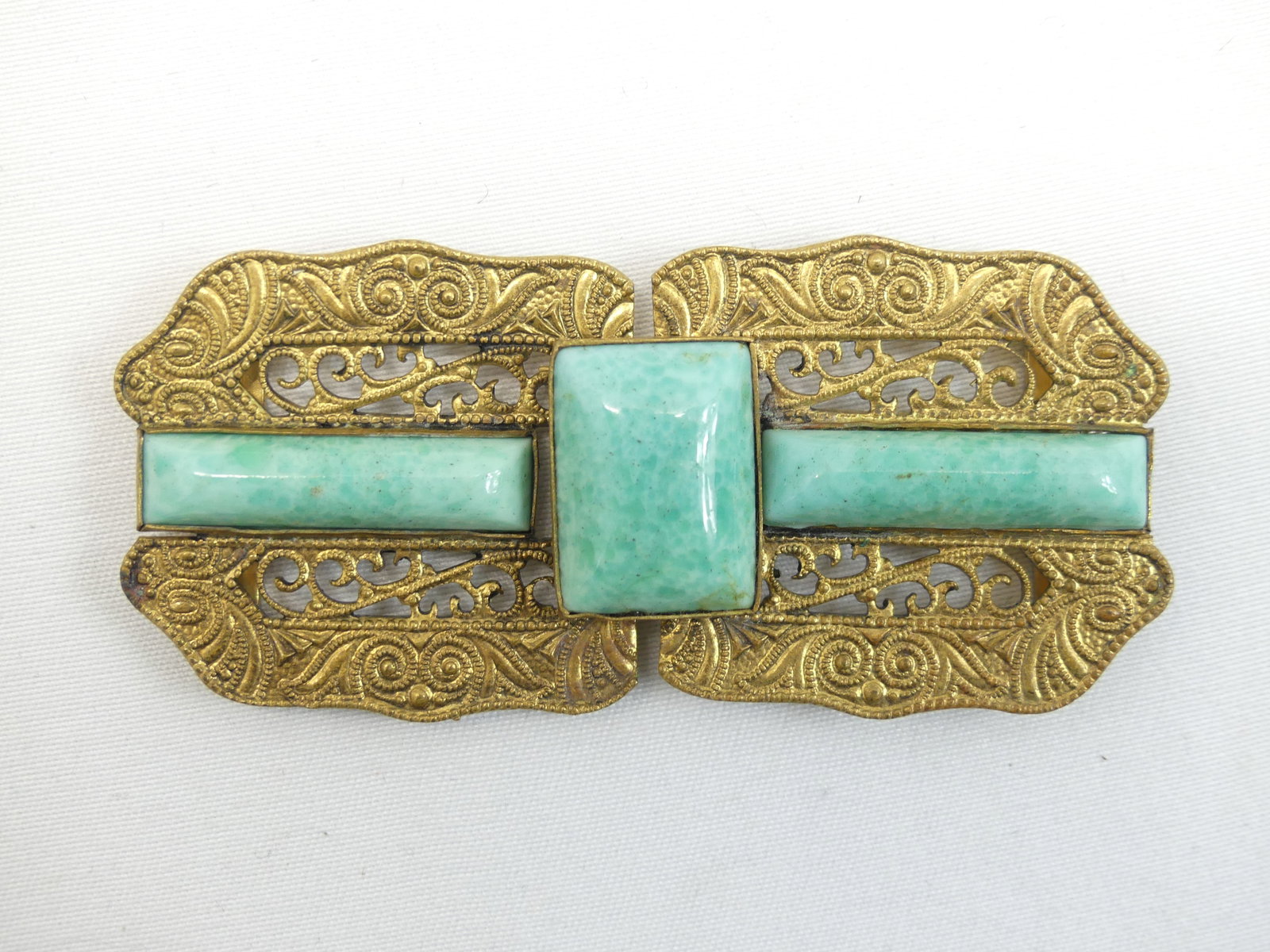Antique Czechoslovakia Gold Tone Fret Work & Jadeite Dress Buckle: approx. 2 3/4 together, see photo's