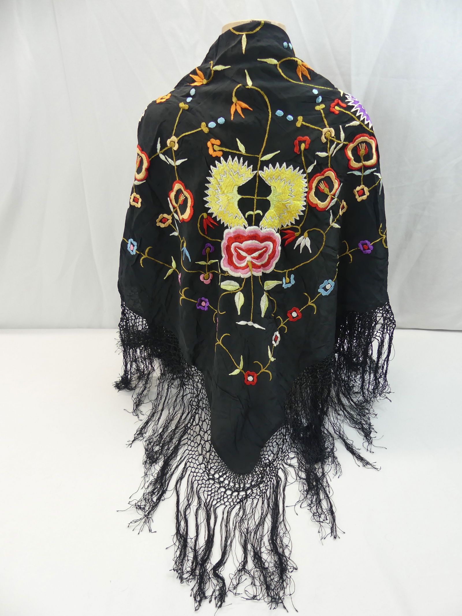 Antique Black Silk Canton Style Piano Shawl with Embroidery & Fringe (1 of 9)