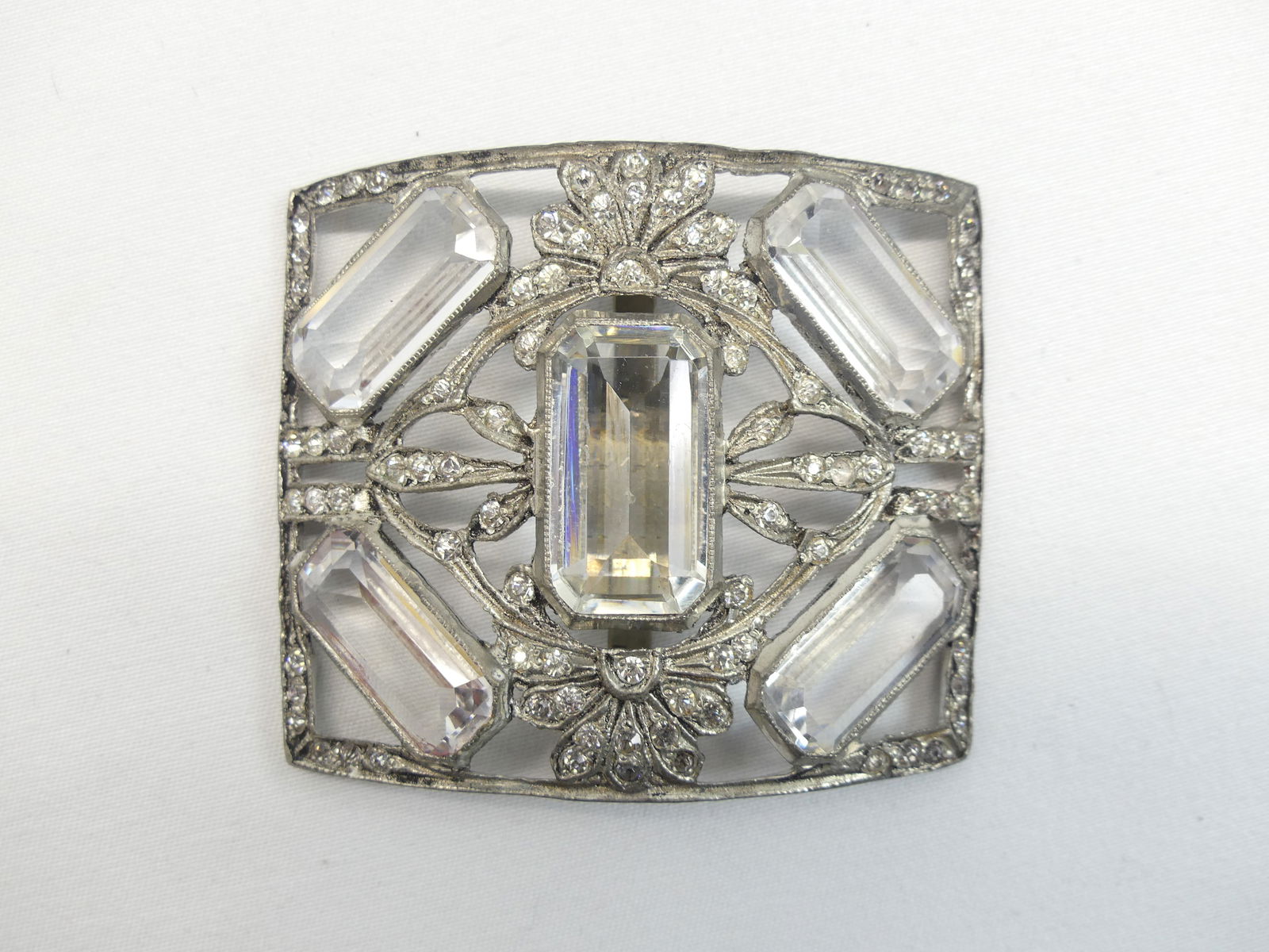 Large Antique Silver Tone Dress Buckle with Large Faceted Crystal Stones (1 of 3)