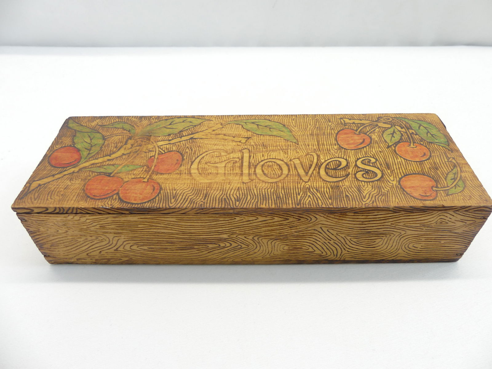 Antique Flemish Art Wood Glove Box with Cherries: approx. 3 1/2 x 10 x 2, good condition, see photo's