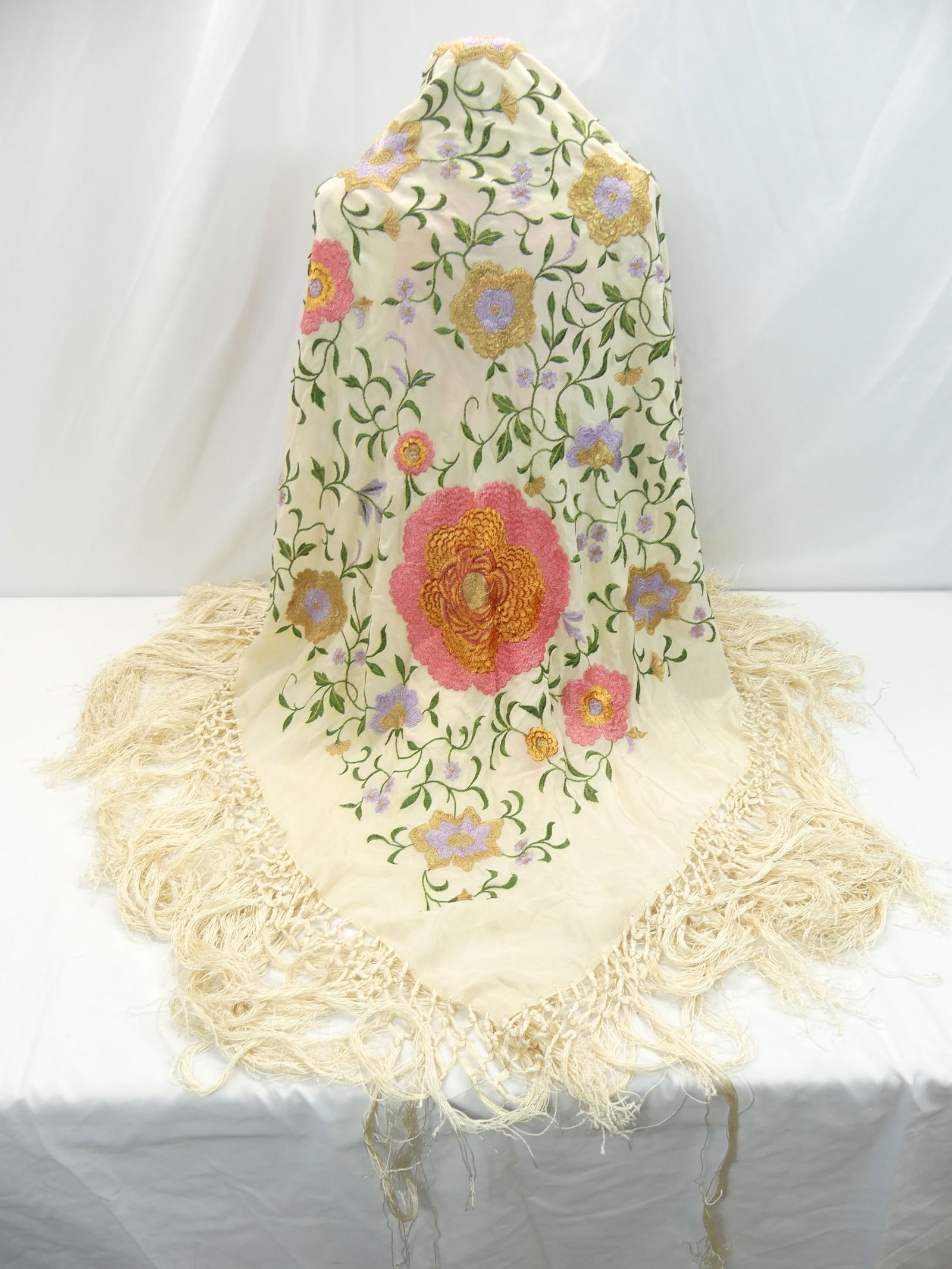 Antique Silk Embroidered Canton Piano Shawl with Fringe: approx. 48 x 50, 15 inch fringe, light color run, see photo's