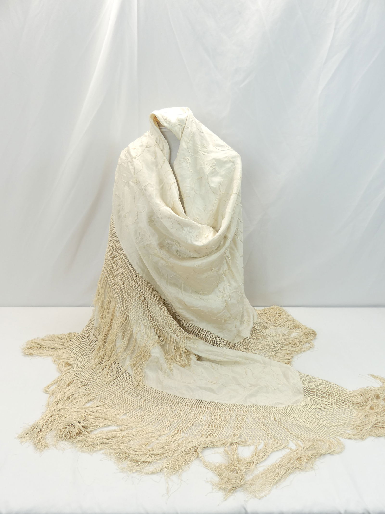 Antique White on White Embroidered Canton Piano Shawl: approx. 60 x 58, 13 inch fringe, some staining and small hole, see photo's