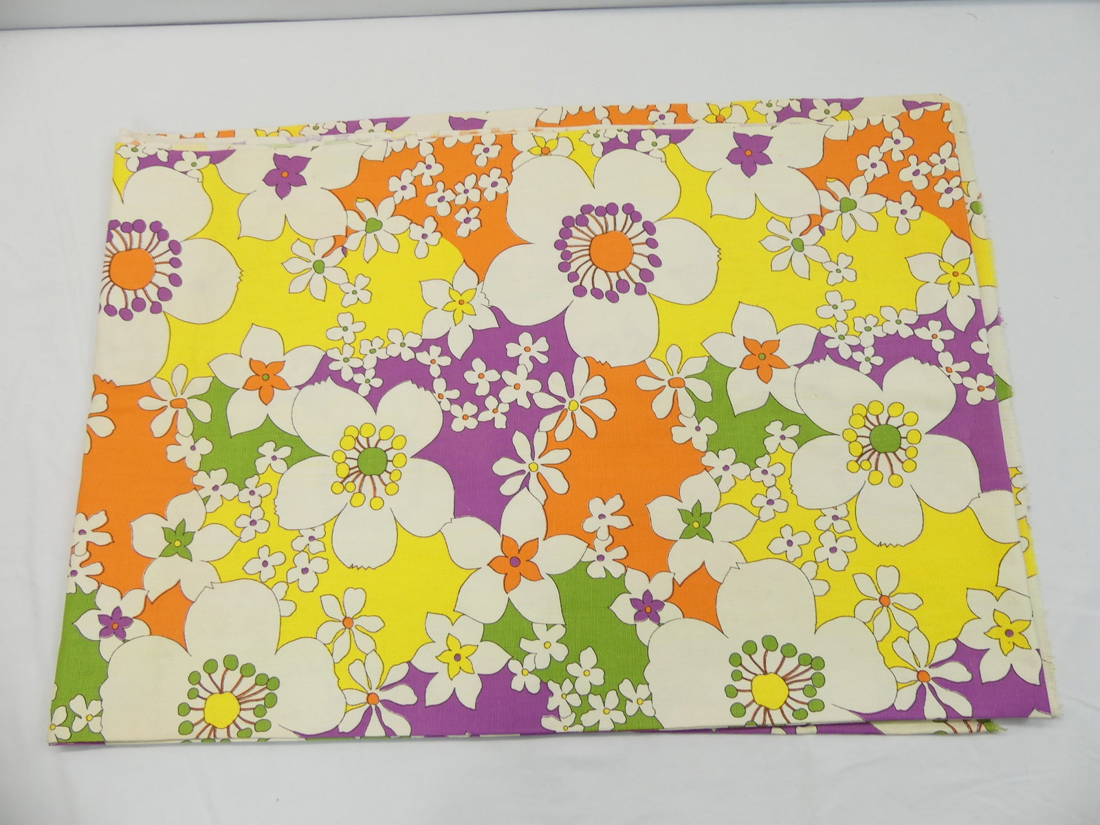 Vintage 1960/70's Purple, White, Yellow Green Floral Cotton Fabric: approx. 84 x 36, see photo's