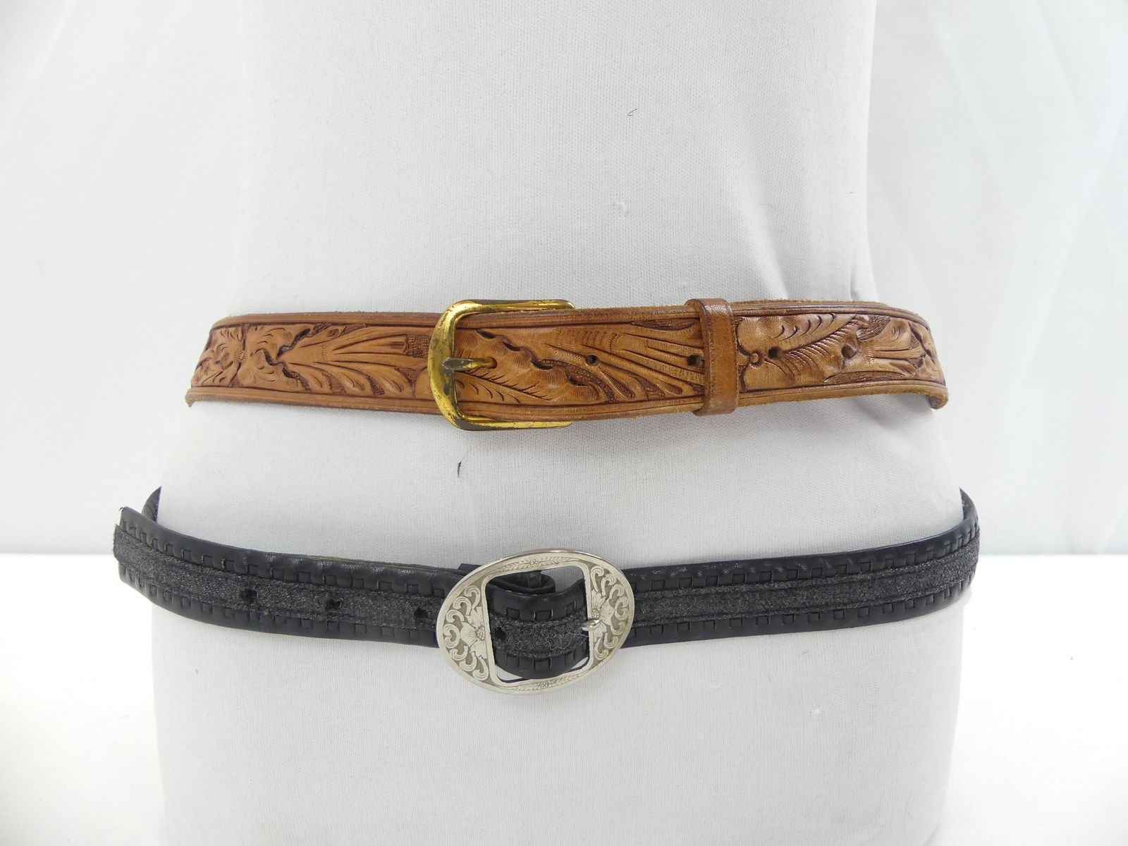 Vintage Tooled Leather Belt & Black Wool & Leather Belt (1 of 6)