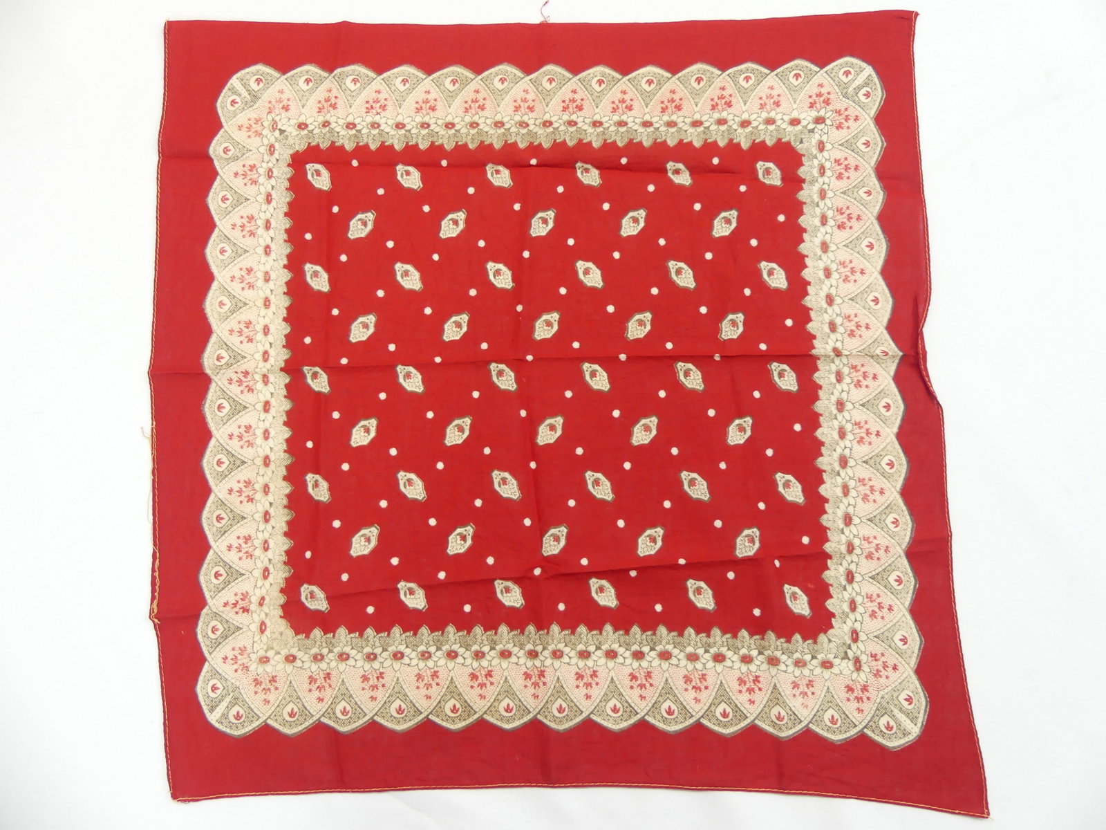 Antique Red, Black & White Floral Bandana: approx. 19 x 19, good condition, see photo's