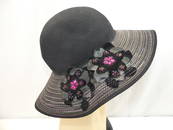 Vintage Hohn Callanan Black Felt  Floppy Hat with Colorful Rows of Stitching & Velvet Beaded Flowers