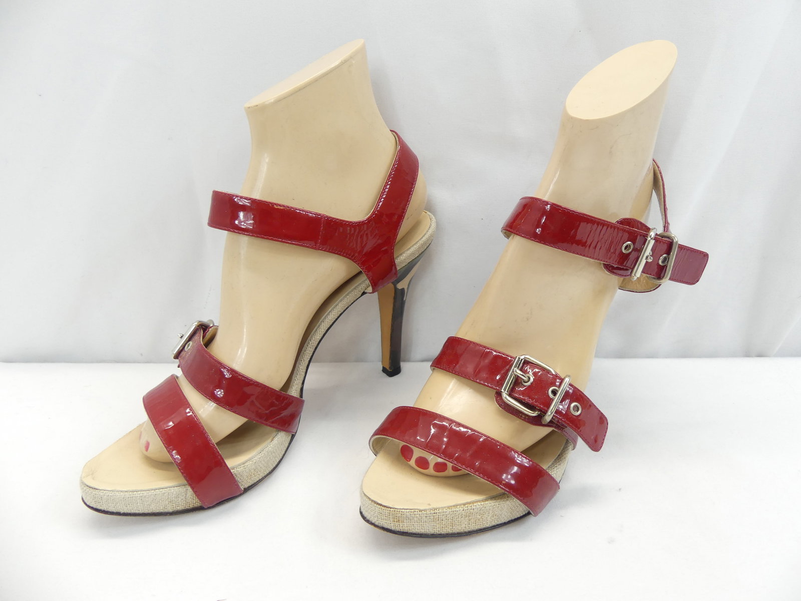 Vintage Luciano Padovan Made in Italy Red Patent Leather Sandals with Camouflage 4 1/4 inch Heels: euro size 40, good slightly worn condition
