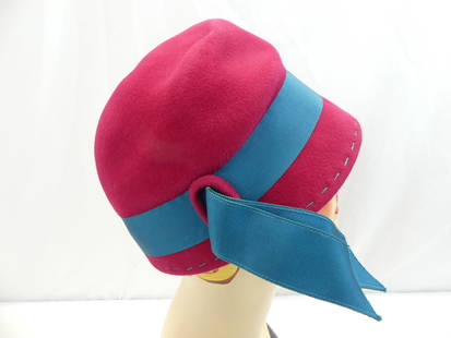 Vintage 1950's Dachettes by Lilly Dache' Raspberry Felt Cloche with Blue Ribbon: good condition, see photo's