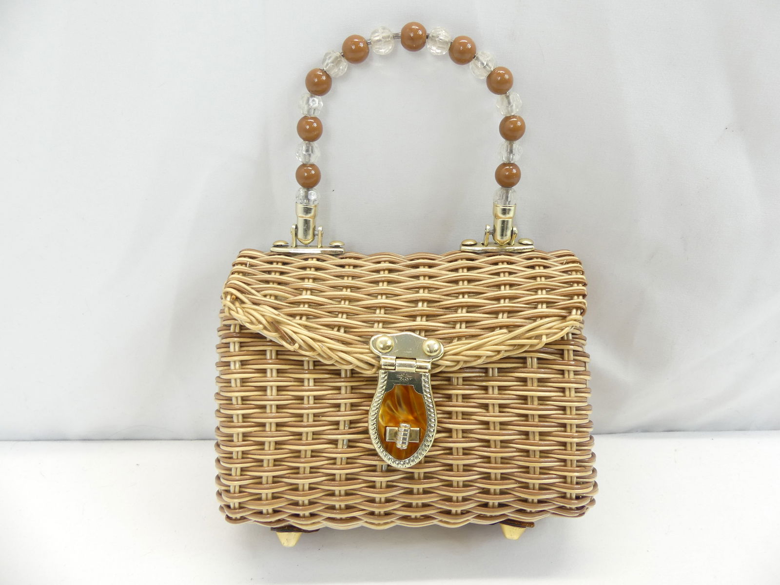 Vintage Faux Wicker Purse with Beaded Handle (1 of 8)