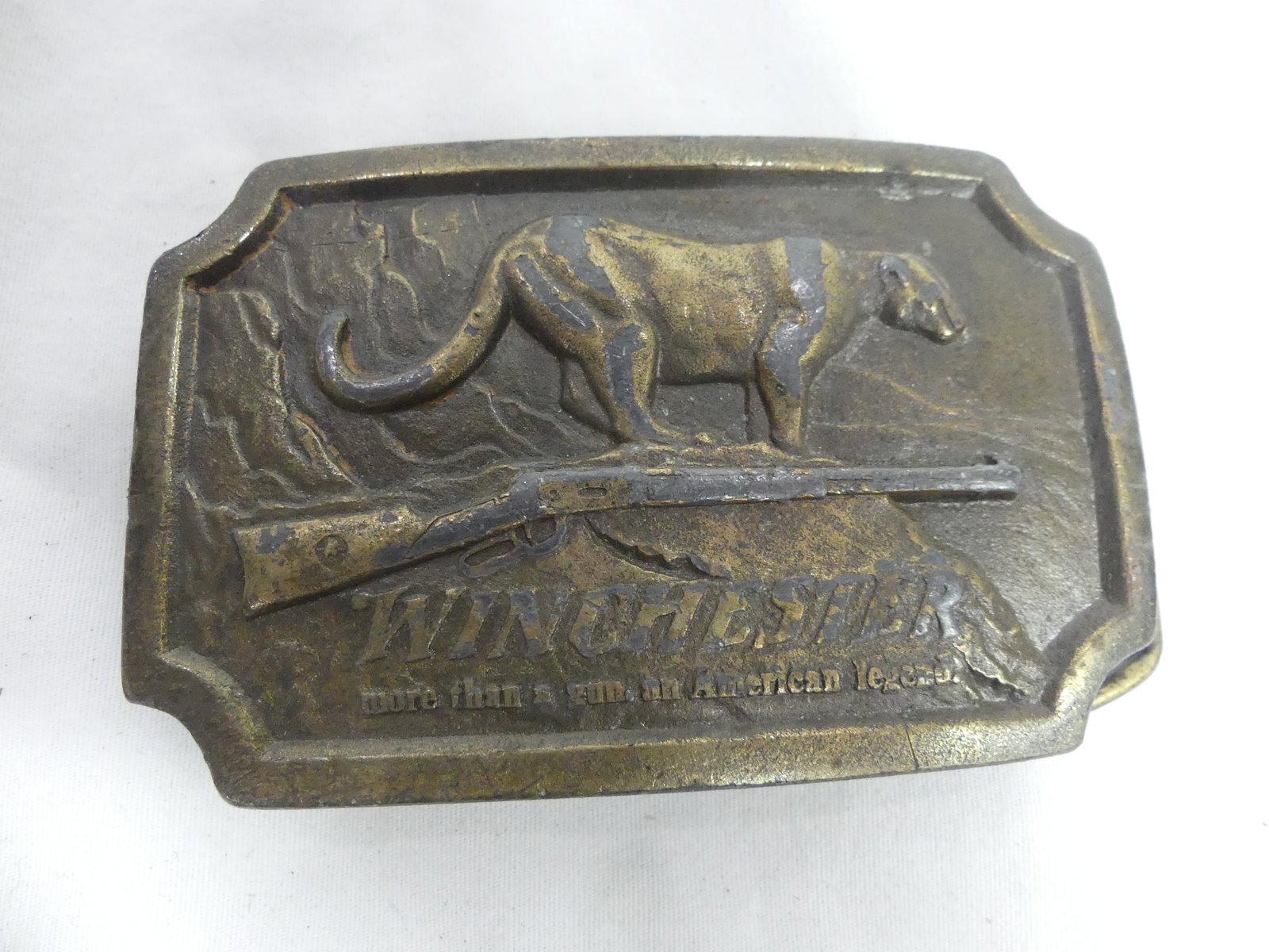 Vintage 1976 Winchester Advertising Belt Buckle, by Indiana Metal Craft: approx. 3 3/8 x 2 1/4, see photo's