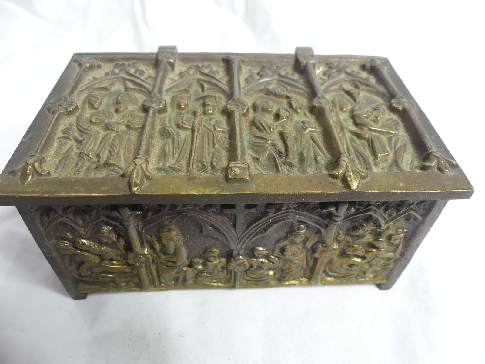 Antique Bronze Carved Religious Hinged Box: approx. 3 3/4 x 2 3/4 x 5 3/4, see photo's