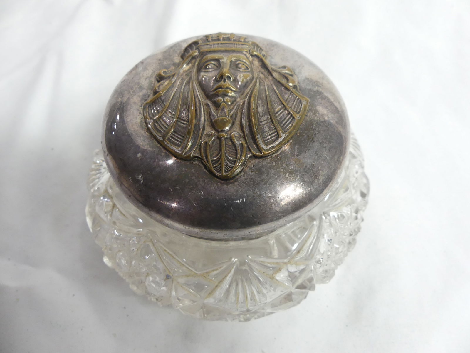 Antique Egyptian Pressed Glass & Silver Covered Dresser Jar (1 of 4)