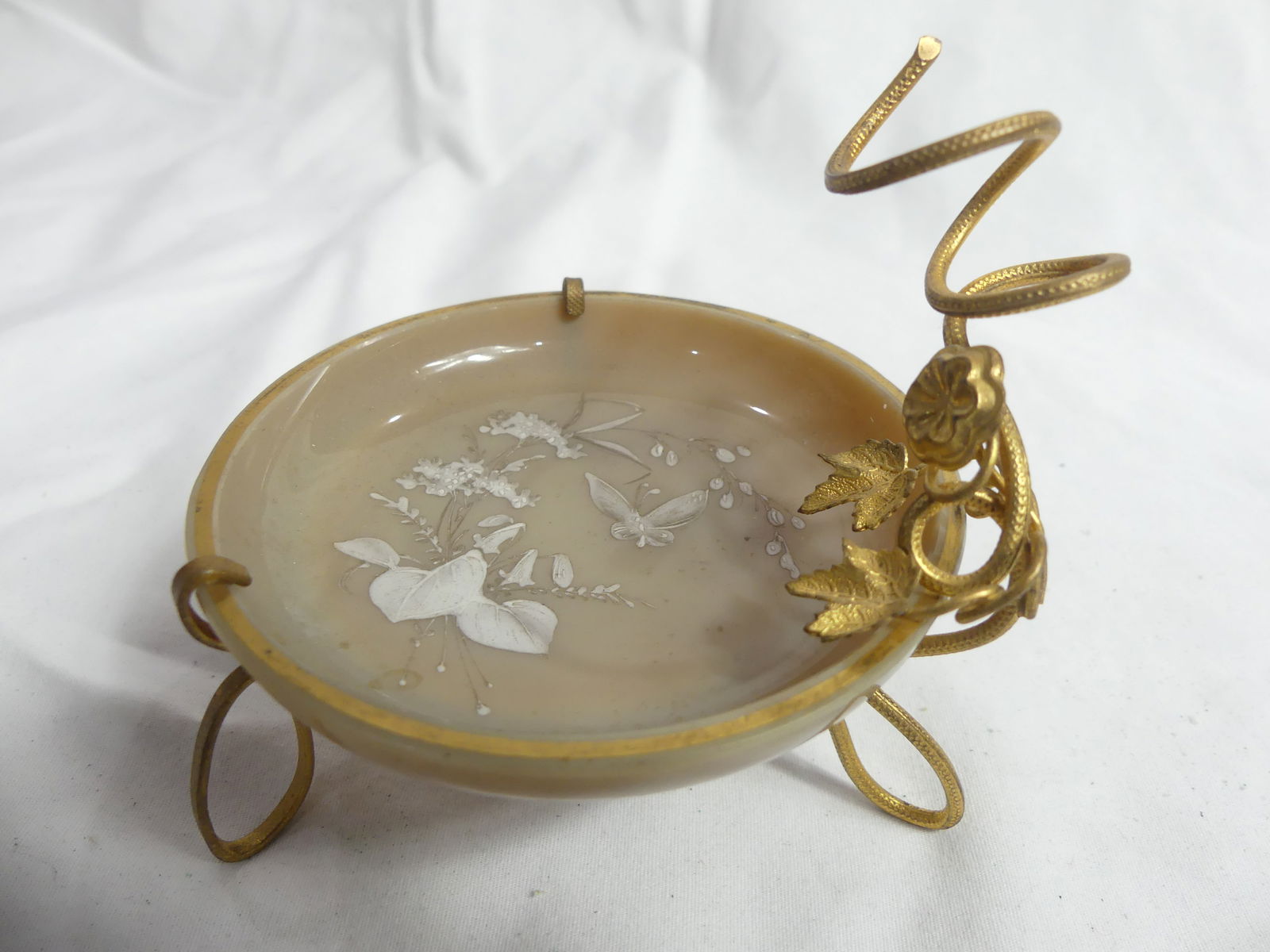 Antique Small Brown Glass Hand Painted Bowl with Gold Tone Holder (1 of 5)