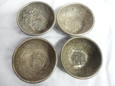 Lot of 4 Antique Silver Carved Asian Bird & Flower Bowls