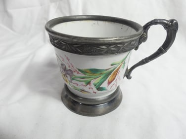 Victorian Hand Painted Pansy Cup with Lead Carved Holder