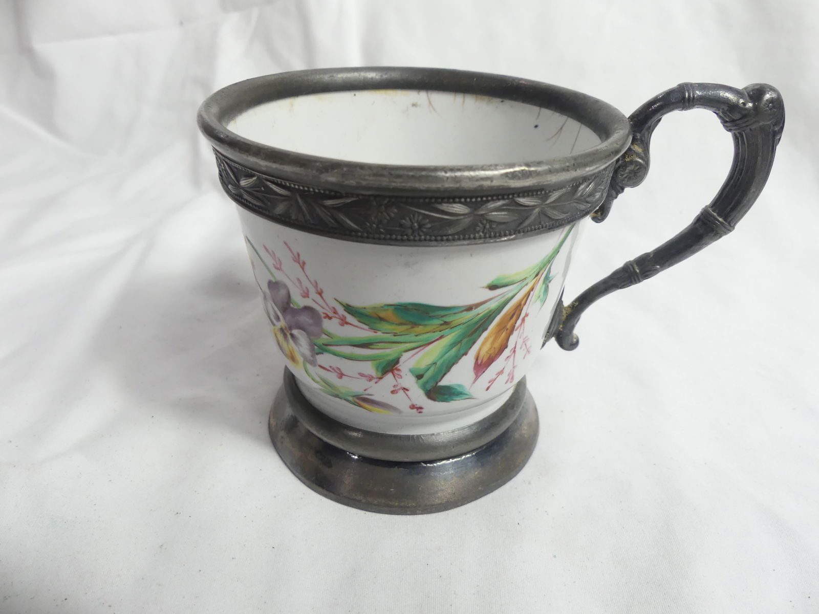 Victorian Hand Painted Pansy Cup with Lead Carved Holder: approx. 4 inches tall, see photo's