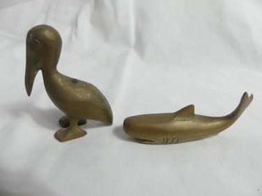 Lot  of 2 Vintage Brass Shark & Pelican