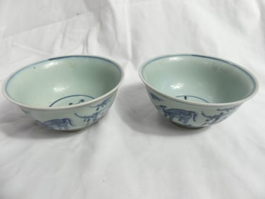 Pair of Antique Chinese Blue & White Porcelain Hand Painted Rice Bowls