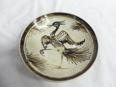 Antique Brown & White Chinese Hand Painted Bird Bowl