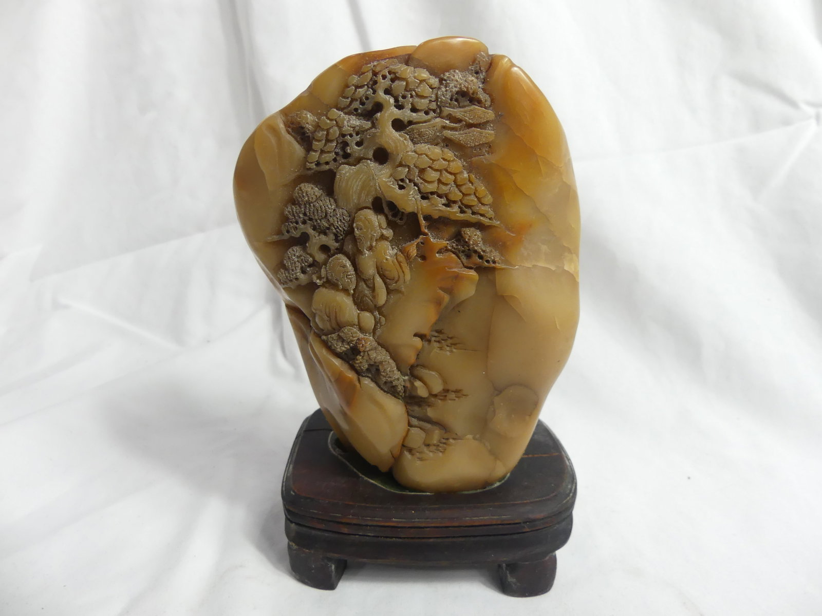 Antique Hand Carved Chinese Soap Stone with Men & Bird: approx. 7 inches tall includes wood stand, see photo's