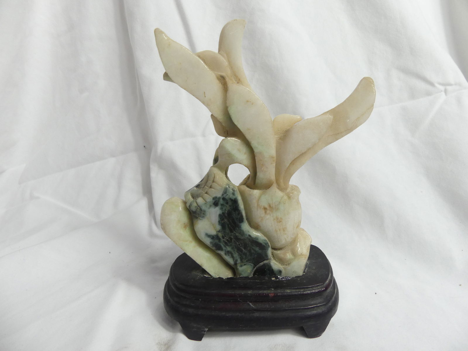 Antique Hand Carved Jade Flower Statue with Wood Stand (1 of 5)